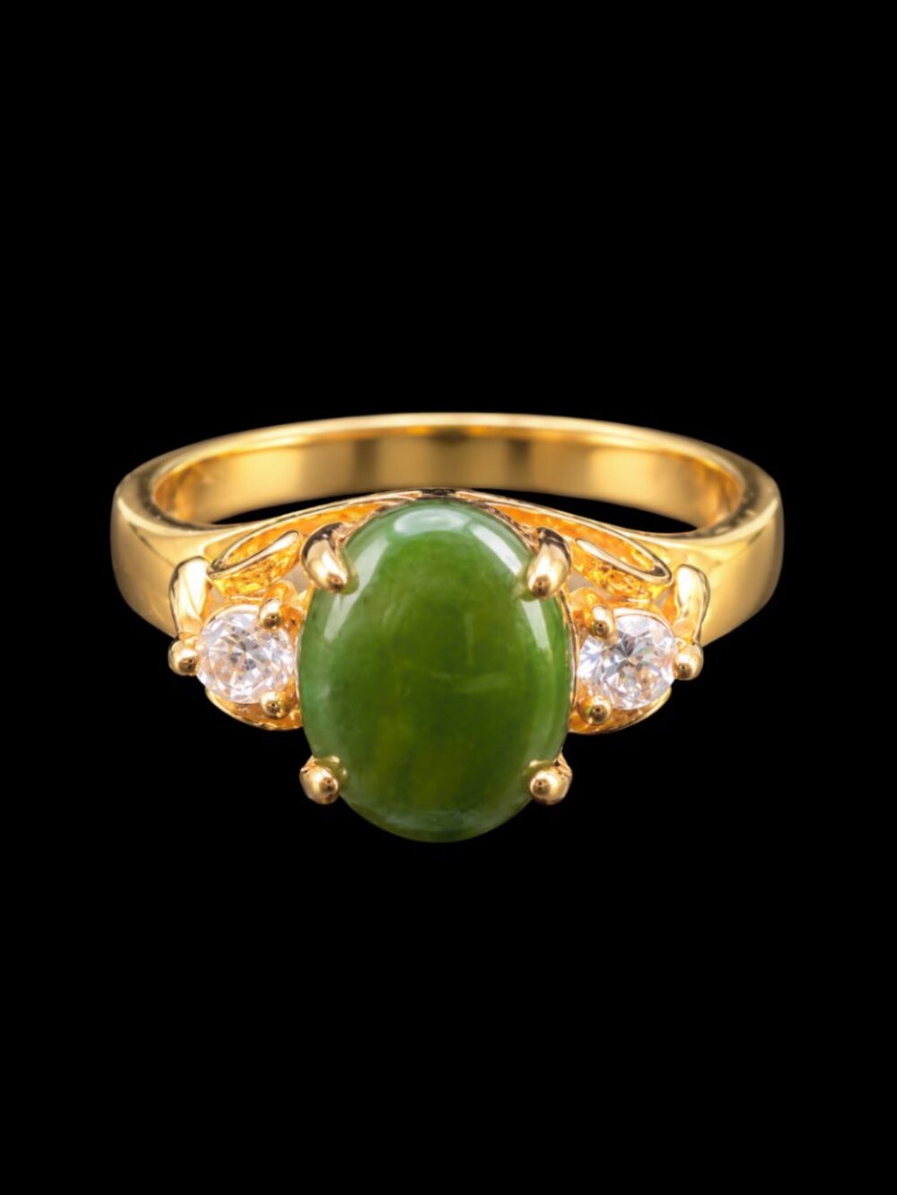 Vintage Green Jade Cabochon And Cubic Zirconia Ring Size 6 Gold Electroplate